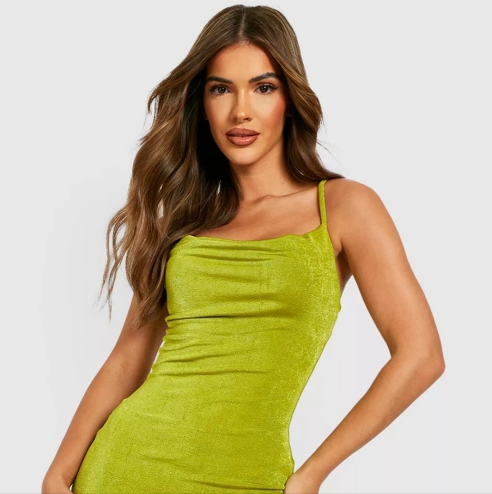 TEXTURED SLINKY COWL NECK SLIP DRESS